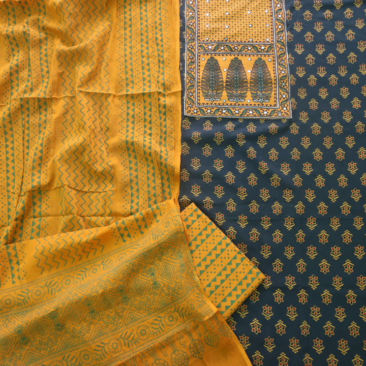 Sanak Forest Green Mirror Work Neck Ajrak Printed Cotton Suit Set D1