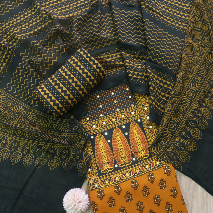Sanak Mustard Yellow Mirror Work Neck Ajrak Printed Cotton Suit Set D1