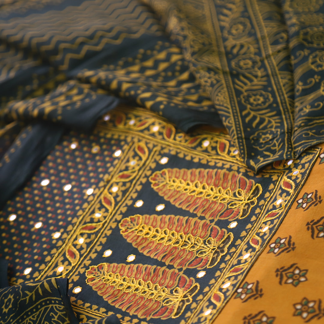 Sanak Mustard Yellow Mirror Work Neck Ajrak Printed Cotton Suit Set D1