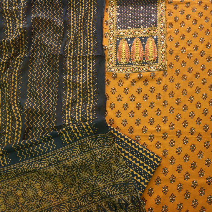 Sanak Mustard Yellow Mirror Work Neck Ajrak Printed Cotton Suit Set D1