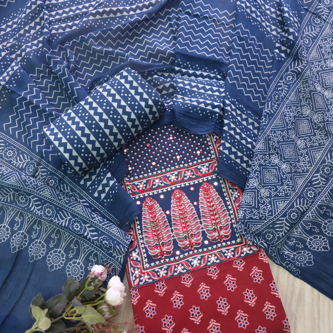 Sanak Apple Red Mirror Work Neck Ajrak Printed Cotton Suit Set D1