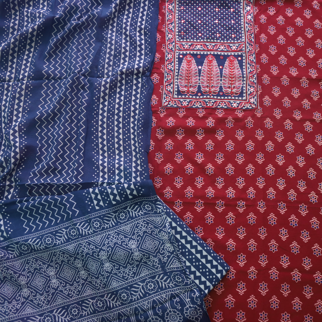Sanak Apple Red Mirror Work Neck Ajrak Printed Cotton Suit Set D1
