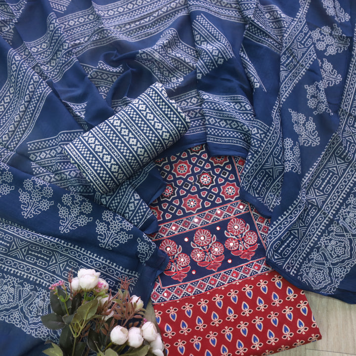 Sanak Maroon Red Mirror Work Neck Ajrak Printed Cotton Suit Set D2