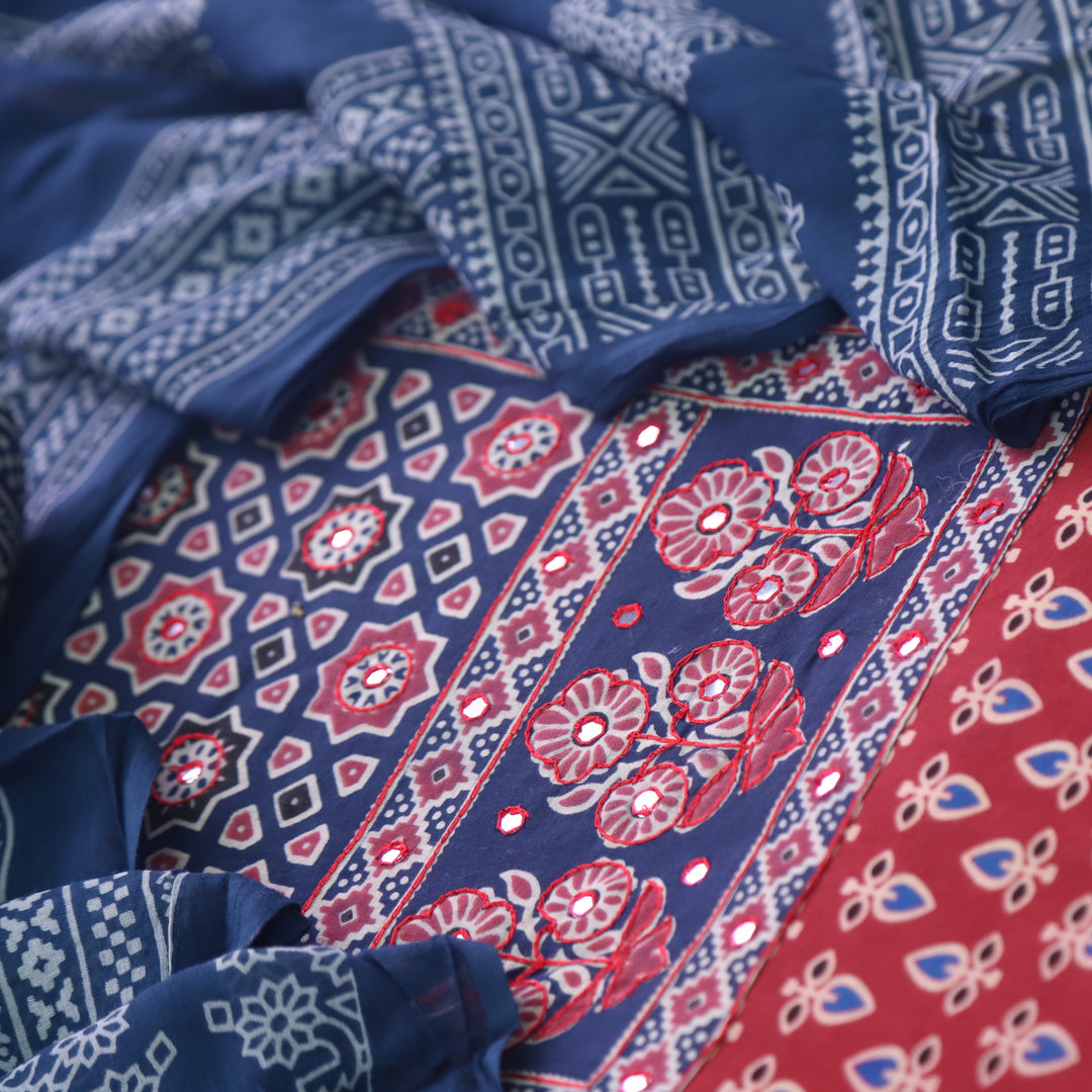 Sanak Maroon Red Mirror Work Neck Ajrak Printed Cotton Suit Set D2