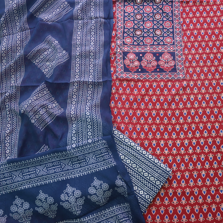Sanak Maroon Red Mirror Work Neck Ajrak Printed Cotton Suit Set D2