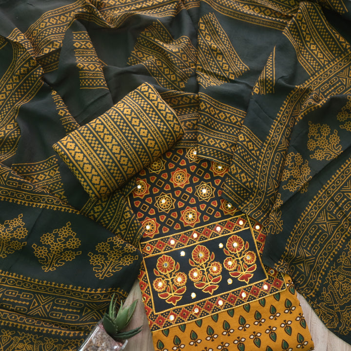 Sanak Canary Yellow Mirror Work Neck Ajrak Printed Cotton Suit Set D2