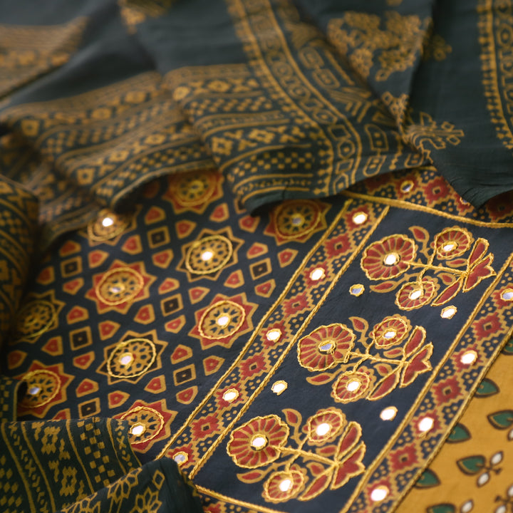 Sanak Canary Yellow Mirror Work Neck Ajrak Printed Cotton Suit Set D2