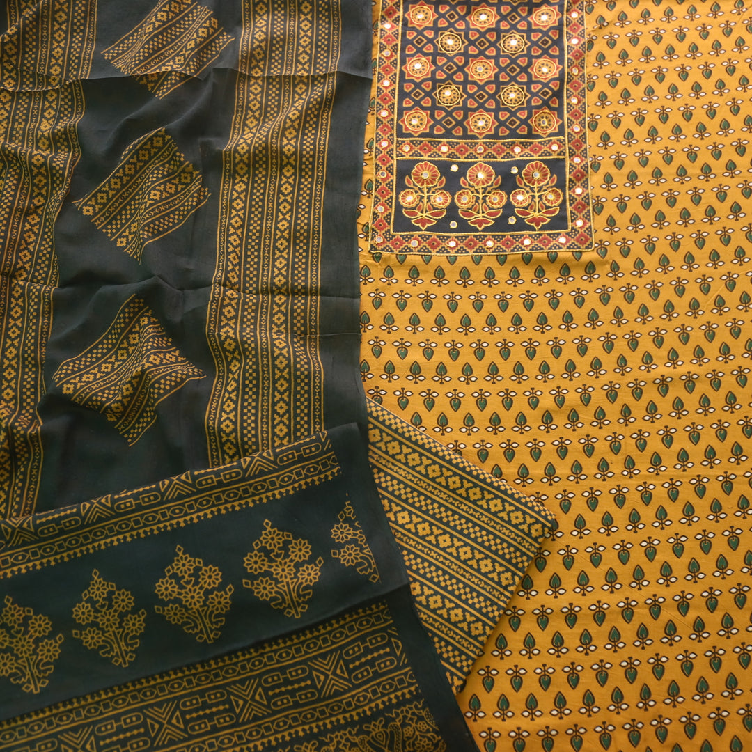 Sanak Canary Yellow Mirror Work Neck Ajrak Printed Cotton Suit Set D2