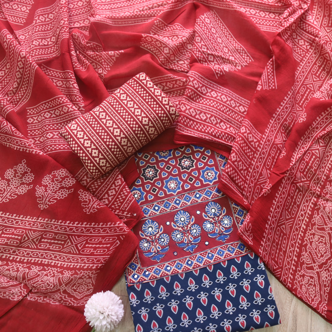 Sanak Navy Blue Mirror Work Neck Ajrak Printed Cotton Suit Set D2