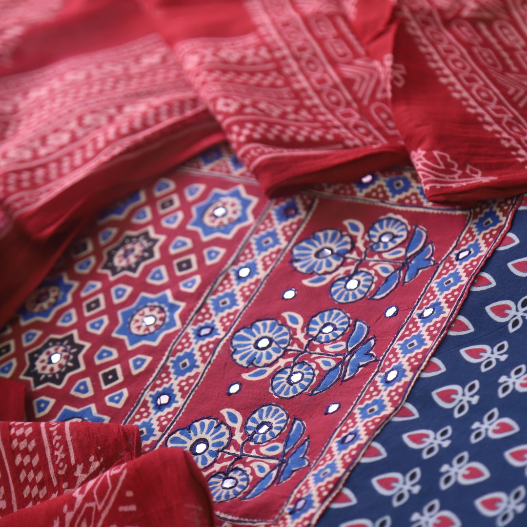 Sanak Navy Blue Mirror Work Neck Ajrak Printed Cotton Suit Set D2