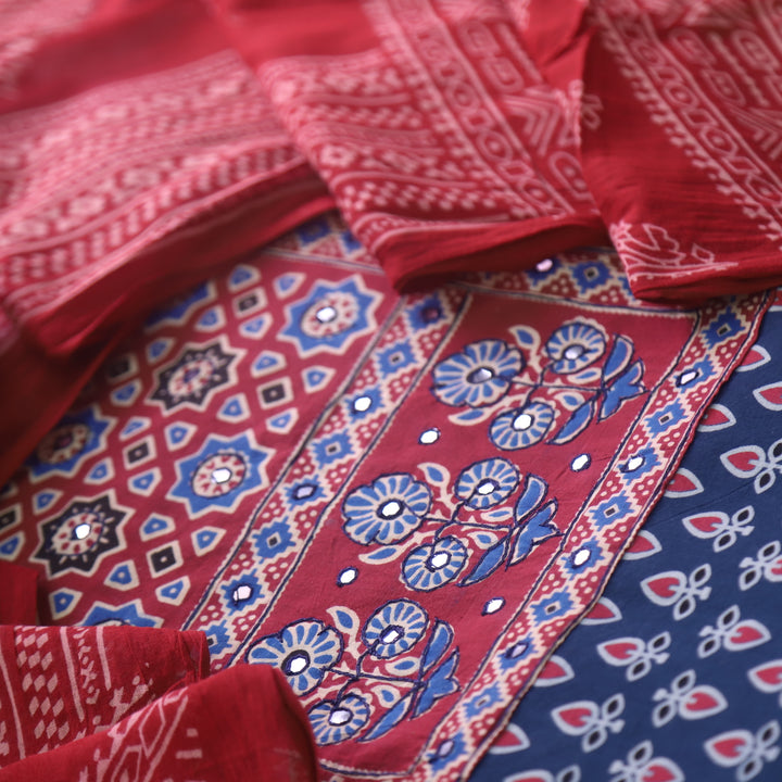 Sanak Navy Blue Mirror Work Neck Ajrak Printed Cotton Suit Set D2