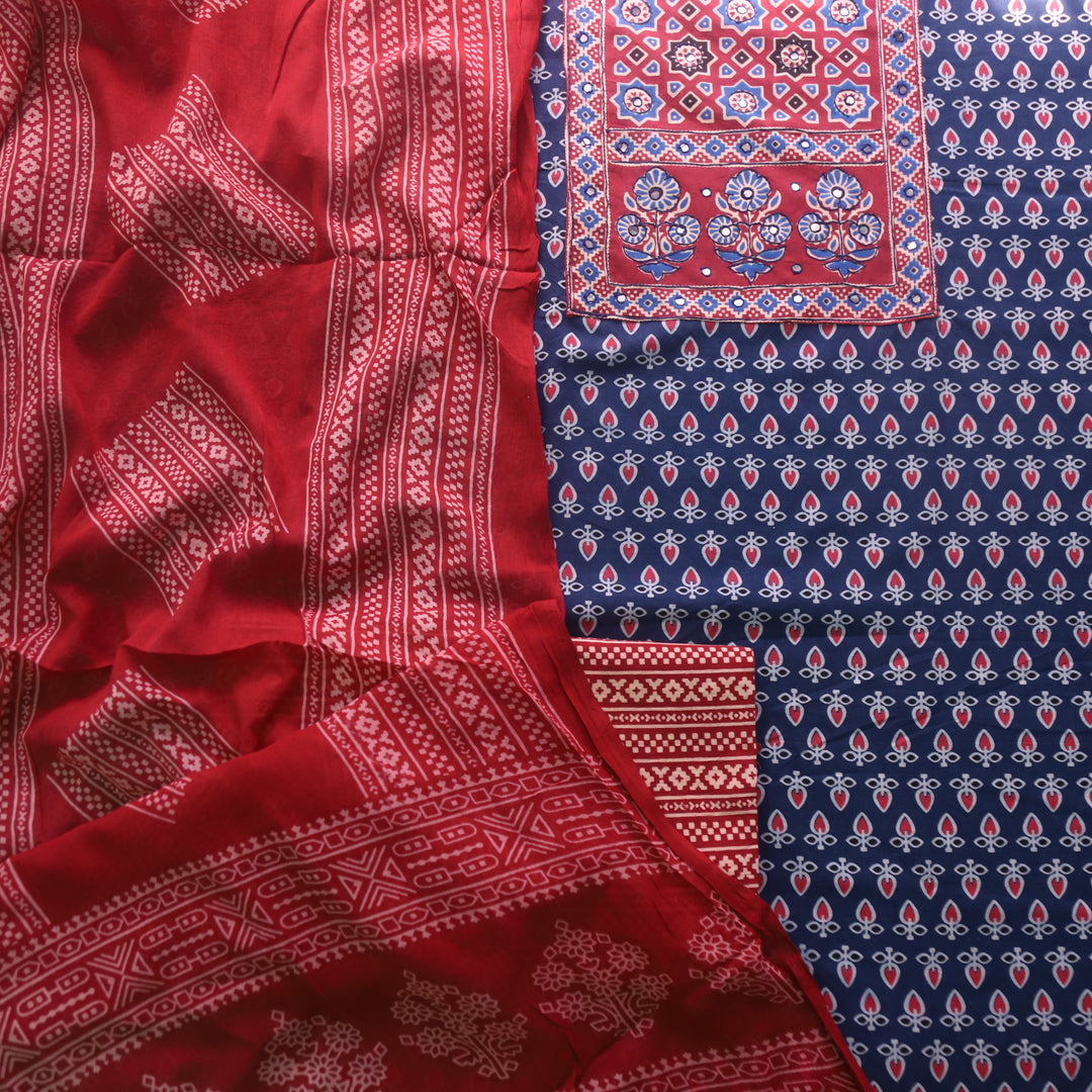 Sanak Navy Blue Mirror Work Neck Ajrak Printed Cotton Suit Set D2