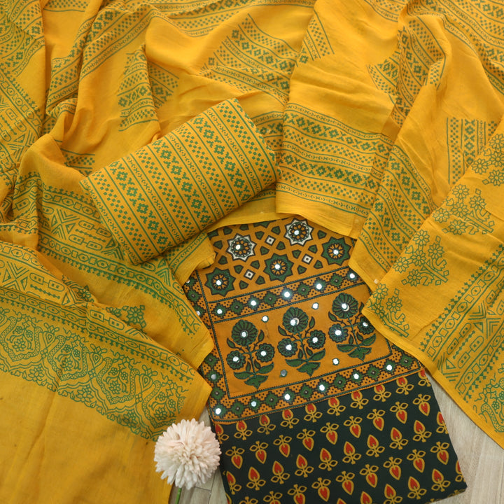 Sanak Grass Green Mirror Work Neck Ajrak Printed Cotton Suit Set D2
