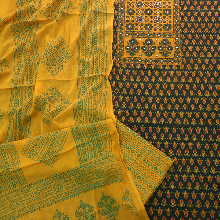 Sanak Grass Green Mirror Work Neck Ajrak Printed Cotton Suit Set D2