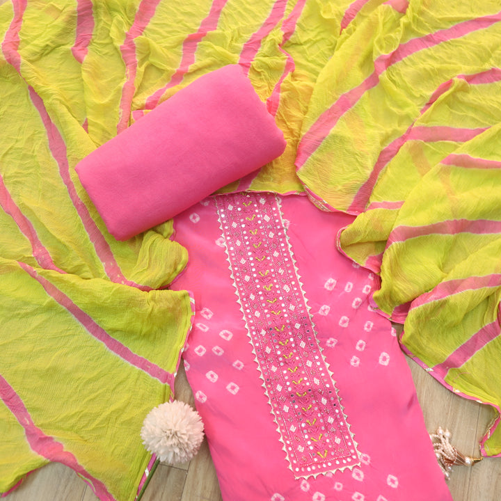 Adaakari Flamingo Pink Embellished Neck Shibori Print Crepe Suit Set