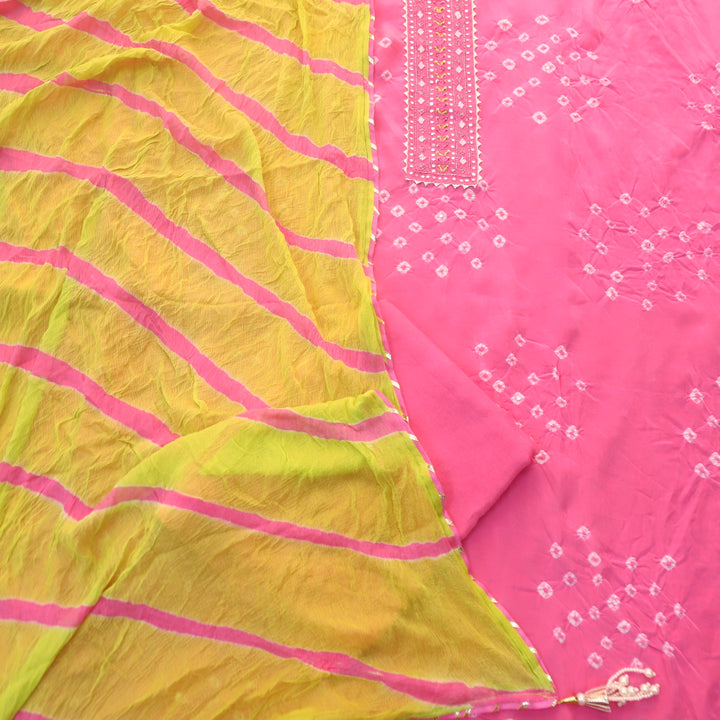 Adaakari Flamingo Pink Embellished Neck Shibori Print Crepe Suit Set