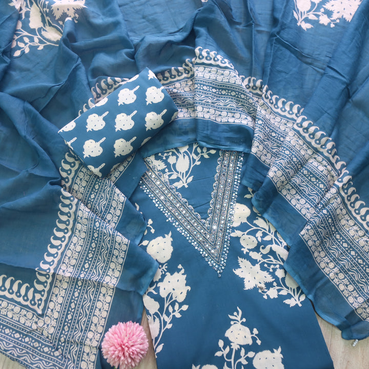 Rahi Cerulean Blue V Embellish Work Neck Floral Print Cotton Suit Set