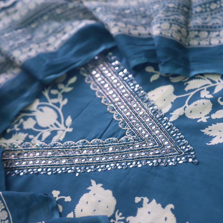 Rahi Cerulean Blue V Embellish Work Neck Floral Print Cotton Suit Set