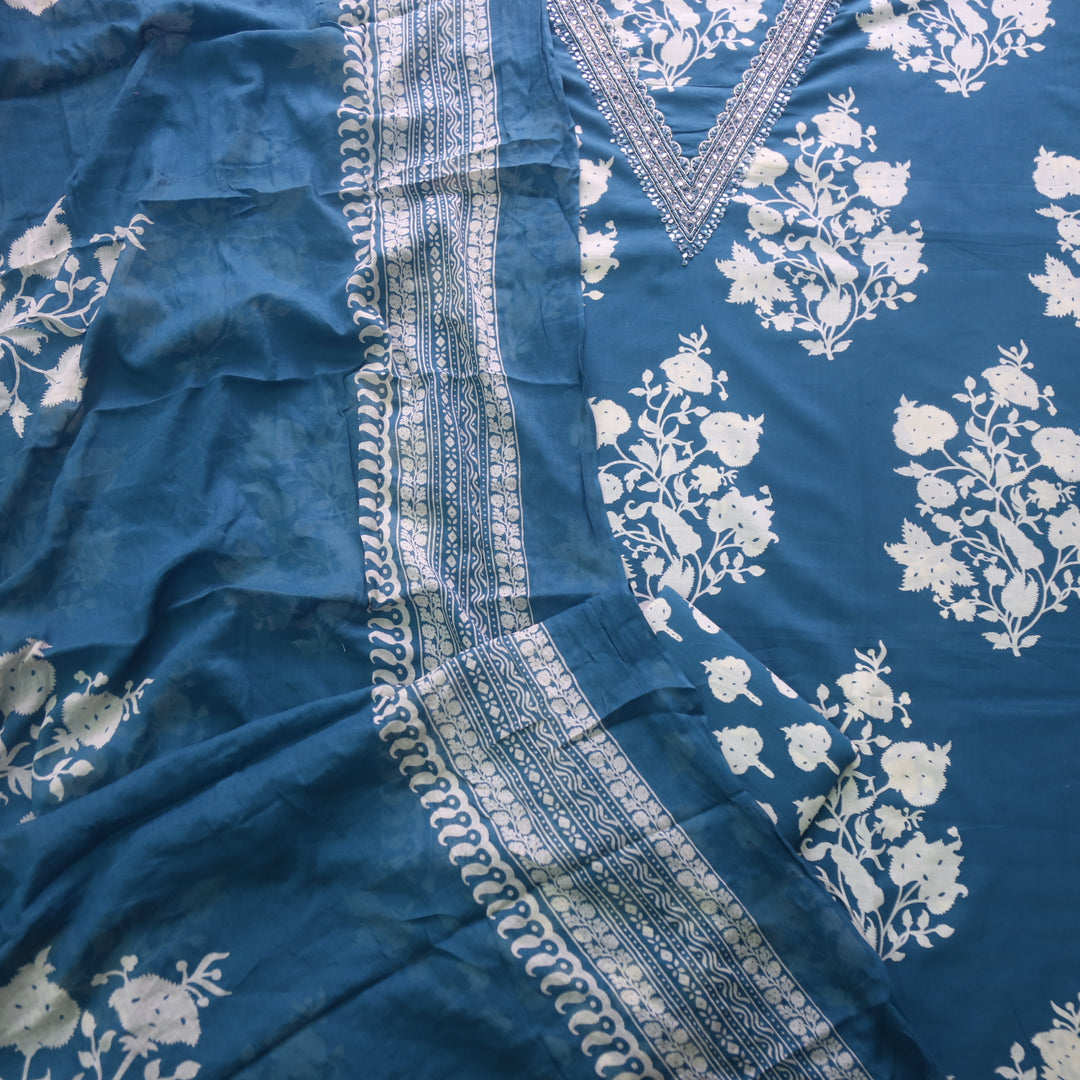 Rahi Cerulean Blue V Embellish Work Neck Floral Print Cotton Suit Set