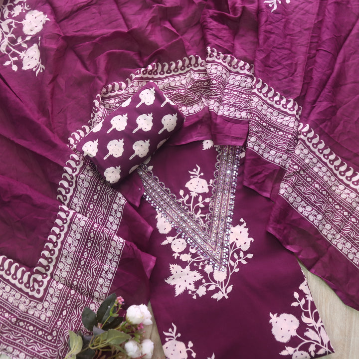 Rahi Burgundy Wine V Embellish Work Neck Floral Print Cotton Suit Set