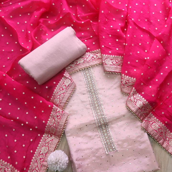 Falak Petal Rose Embellished Neck Work in Shimmer Tissue Silk Suit Set
