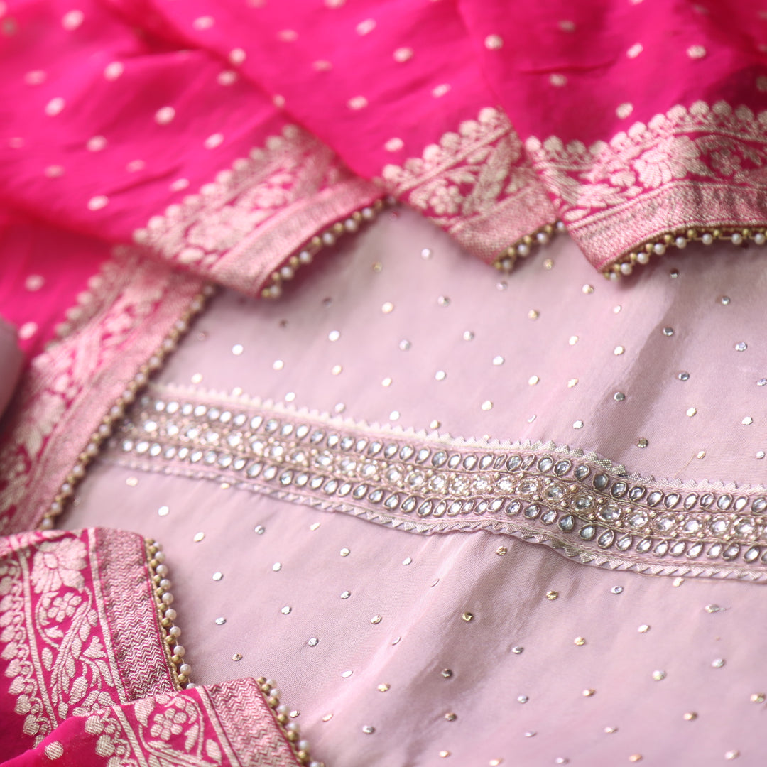 Falak Petal Rose Embellished Neck Work in Shimmer Tissue Silk Suit Set