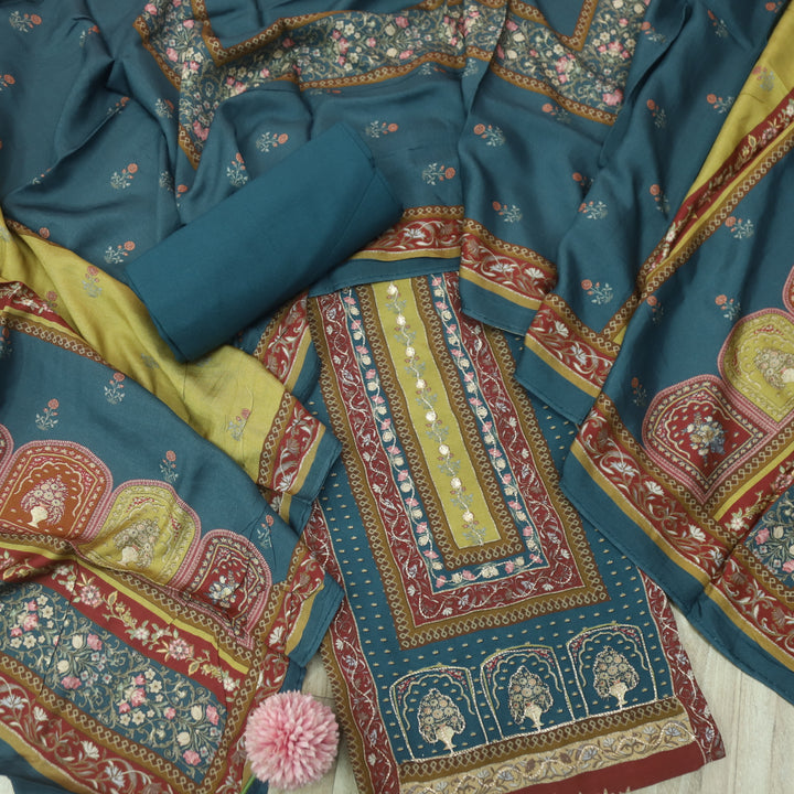 Afreen Midnight Blue Zari Work Floral Printed Muslin Suit Set
