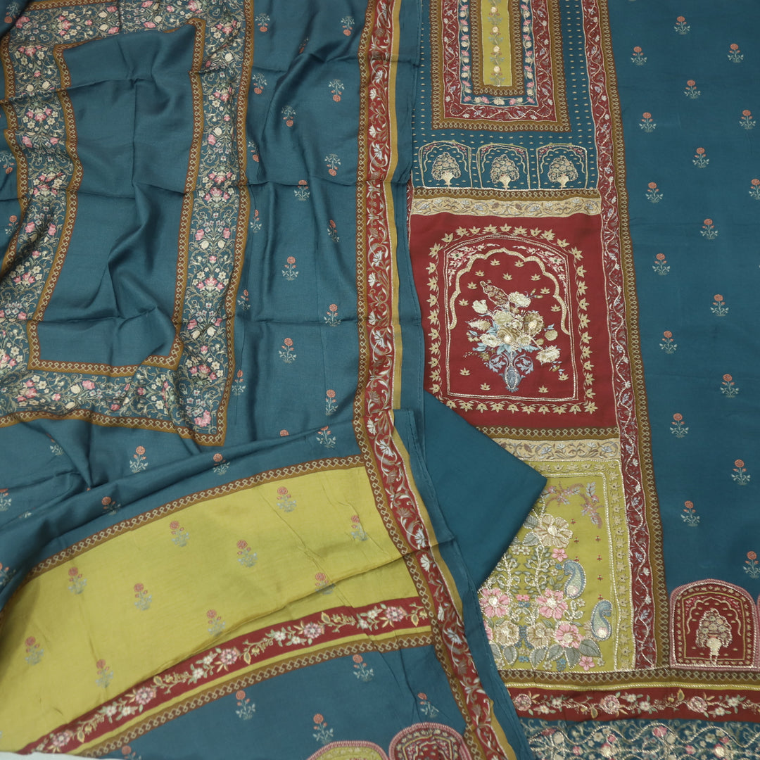 Afreen Midnight Blue Zari Work Floral Printed Muslin Suit Set