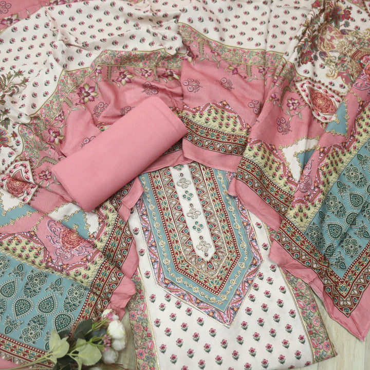 Afreen Pearl White Zari Work Floral Printed Muslin Suit Set