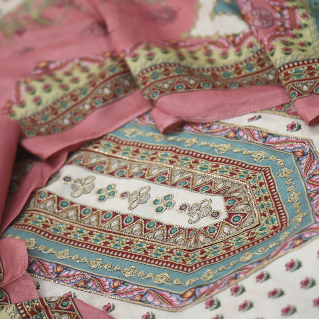 Afreen Pearl White Zari Work Floral Printed Muslin Suit Set