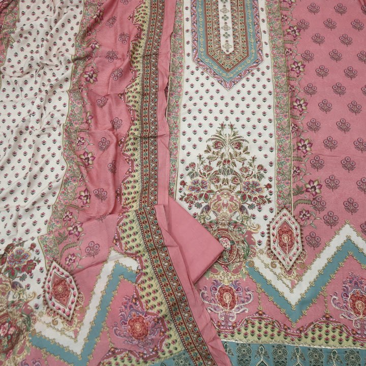 Afreen Pearl White Zari Work Floral Printed Muslin Suit Set