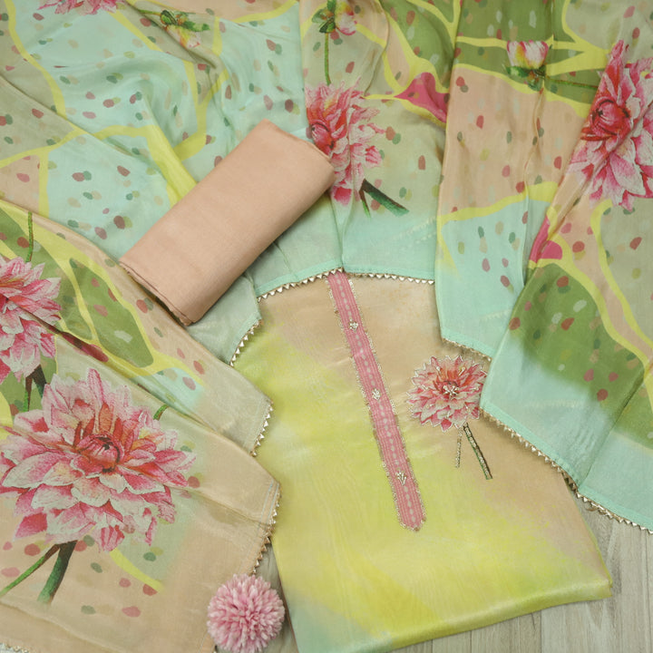 Alvida Ombre Yellow and Green Moti Work in Shimmer Tissue Silk Suit Set