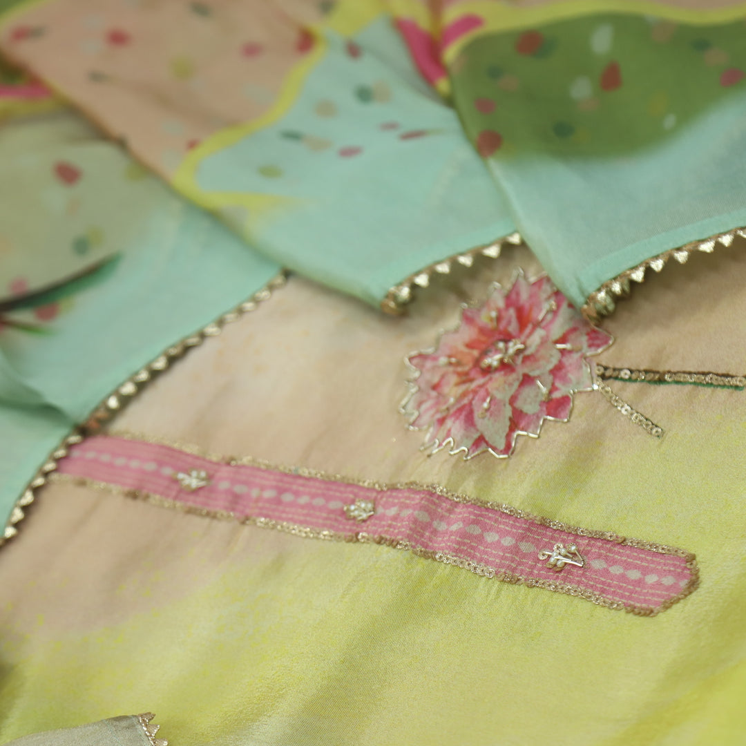 Alvida Ombre Yellow and Green Moti Work in Shimmer Tissue Silk Suit Set