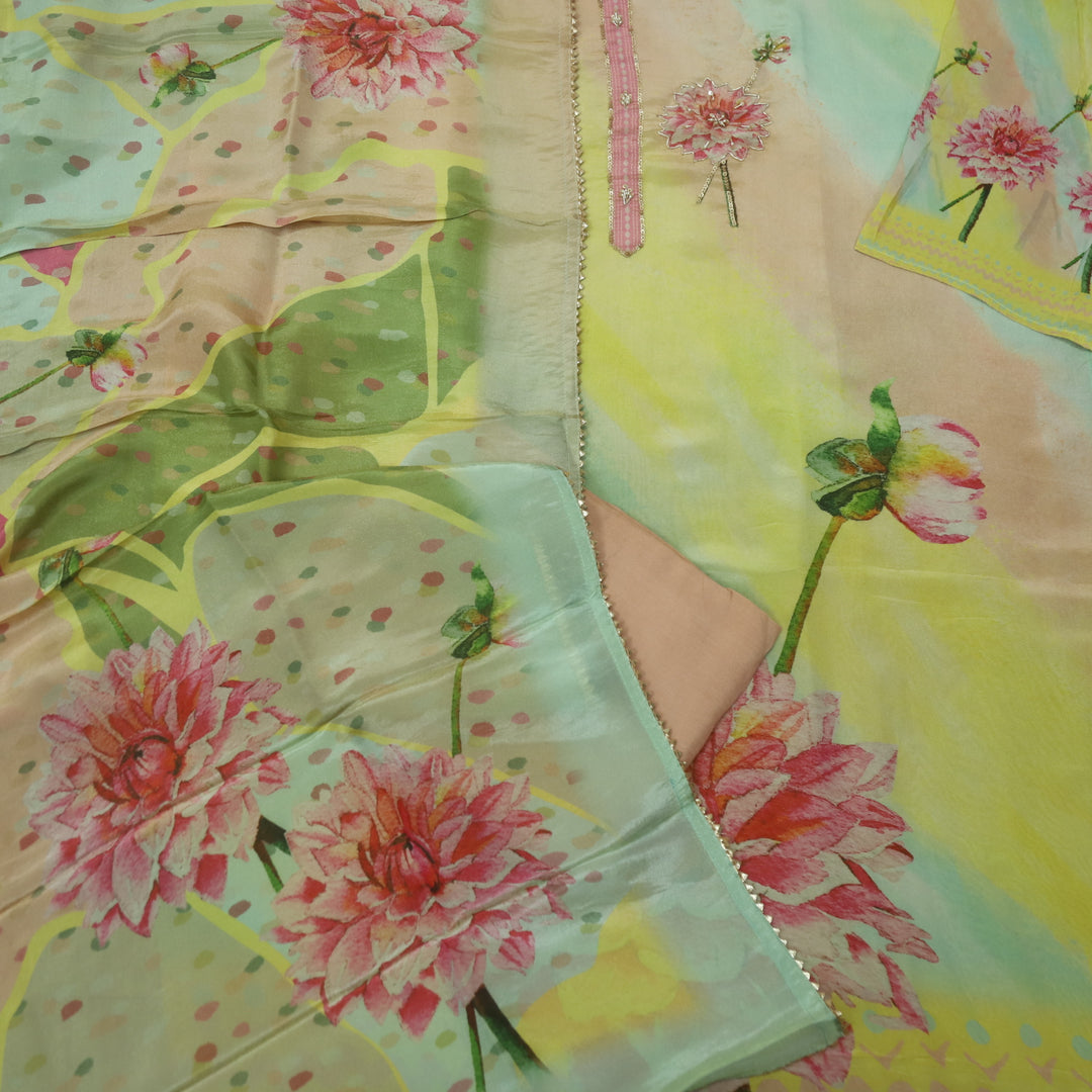 Alvida Ombre Yellow and Green Moti Work in Shimmer Tissue Silk Suit Set