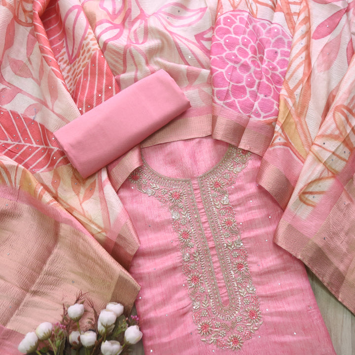 Alvida Rose Pink Embellish Neckline in Premium Shimmer Tissue Silk Suit Set