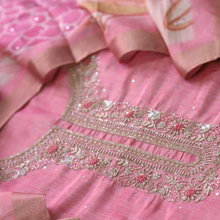 Alvida Rose Pink Embellish Neckline in Premium Shimmer Tissue Silk Suit Set