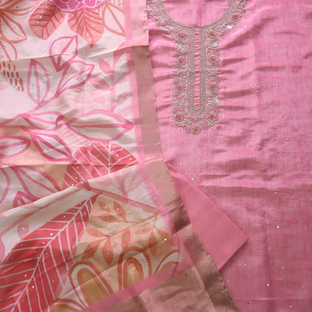 Alvida Rose Pink Embellish Neckline in Premium Shimmer Tissue Silk Suit Set