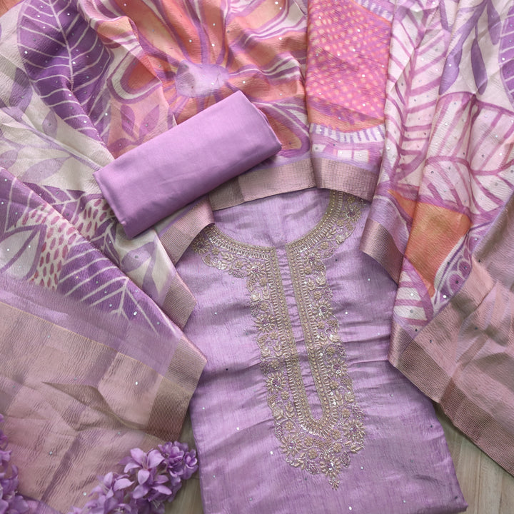 Alvida Lily Lilac Embellish Neckline in Premium Shimmer Tissue Silk Suit Set