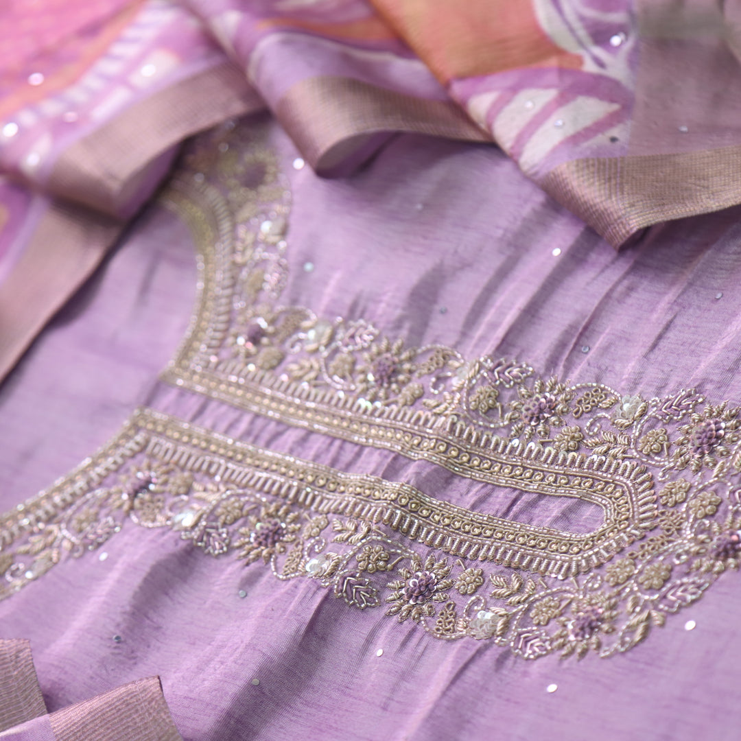 Alvida Lily Lilac Embellish Neckline in Premium Shimmer Tissue Silk Suit Set