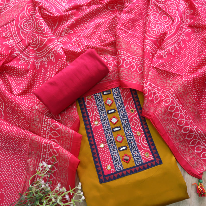 Farnaz Canary Yellow Mirror Work Patch Neck Jam Cotton Suit Set