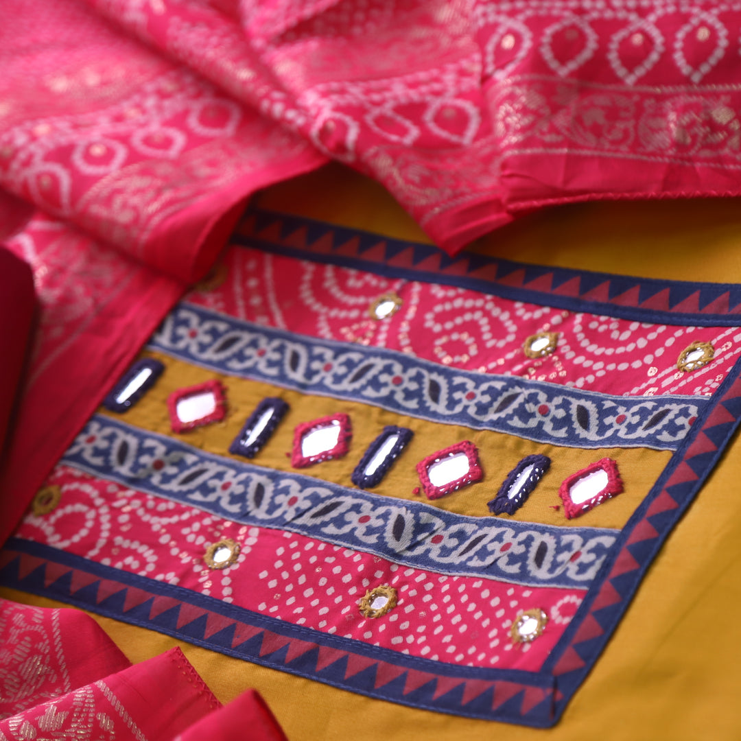 Farnaz Canary Yellow Mirror Work Patch Neck Jam Cotton Suit Set