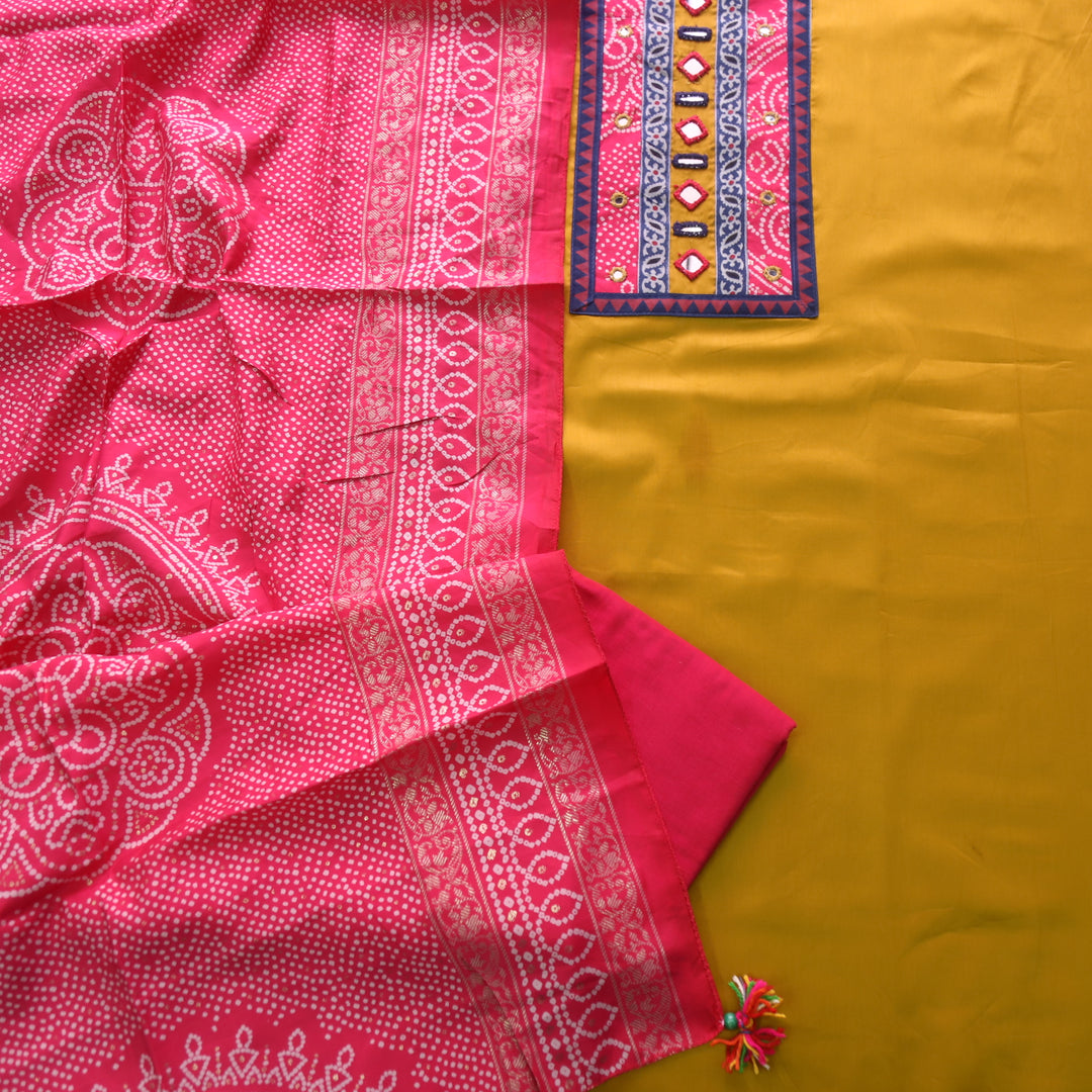 Farnaz Canary Yellow Mirror Work Patch Neck Jam Cotton Suit Set