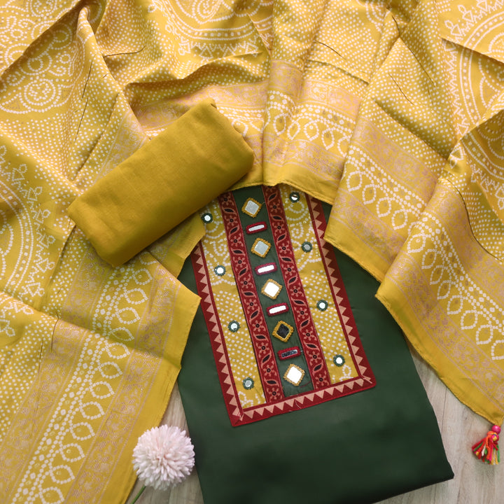 Farnaz Seaweed Green Mirror Work Patch Neck Jam Cotton Suit Set