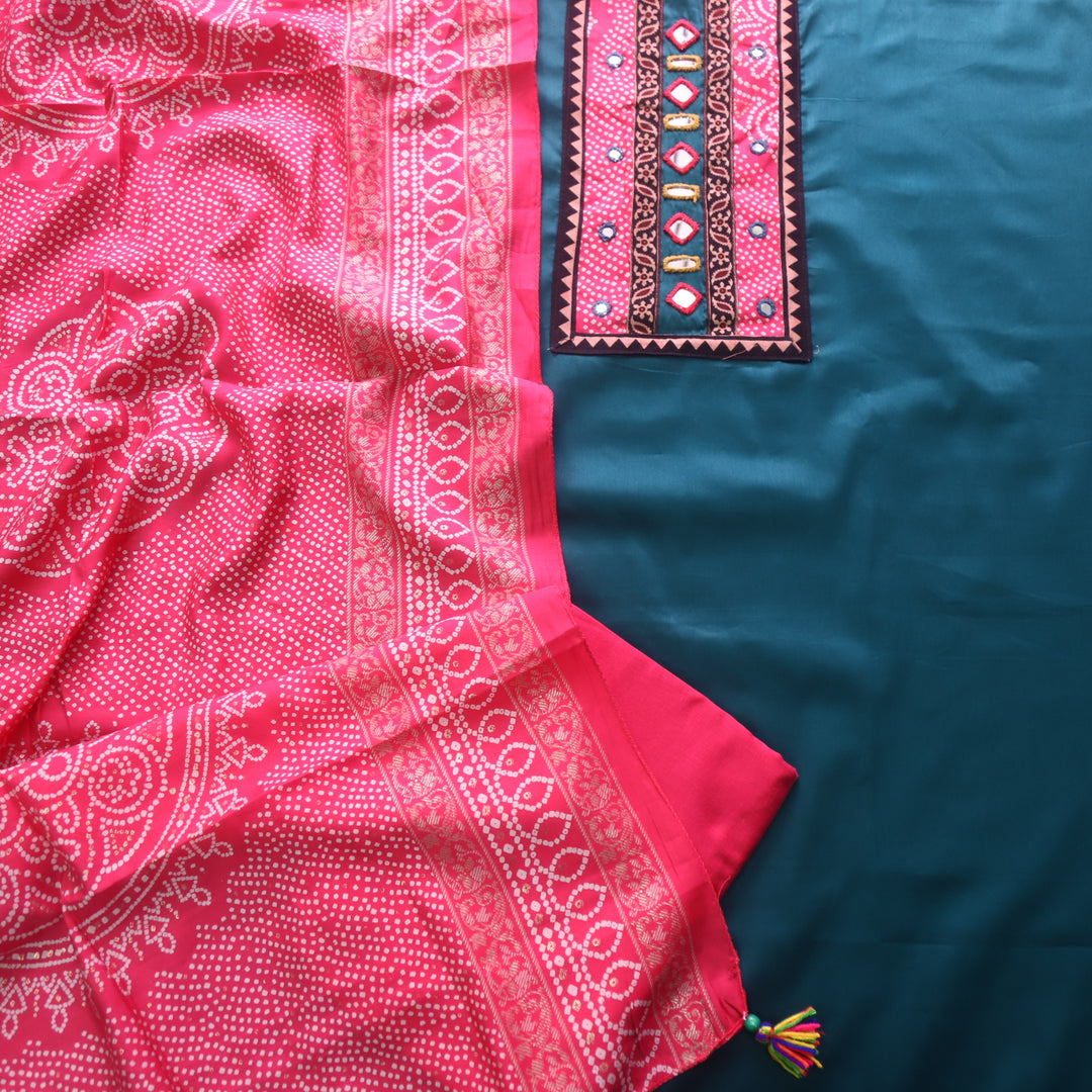 Farnaz Carnation Teal Mirror Work Patch Neck Jam Cotton Suit Set