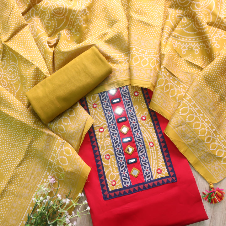 Farnaz Bride Red Mirror Work Patch Neck Jam Cotton Suit Set