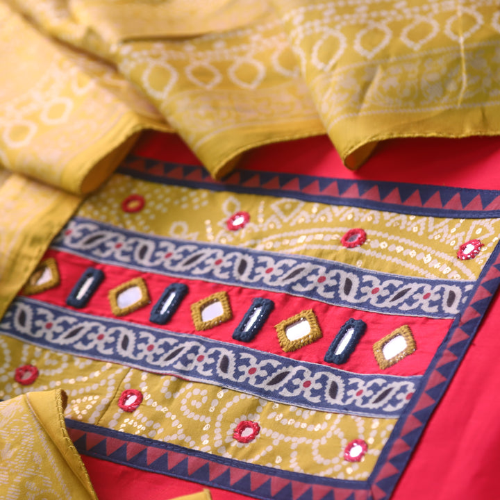 Farnaz Bride Red Mirror Work Patch Neck Jam Cotton Suit Set