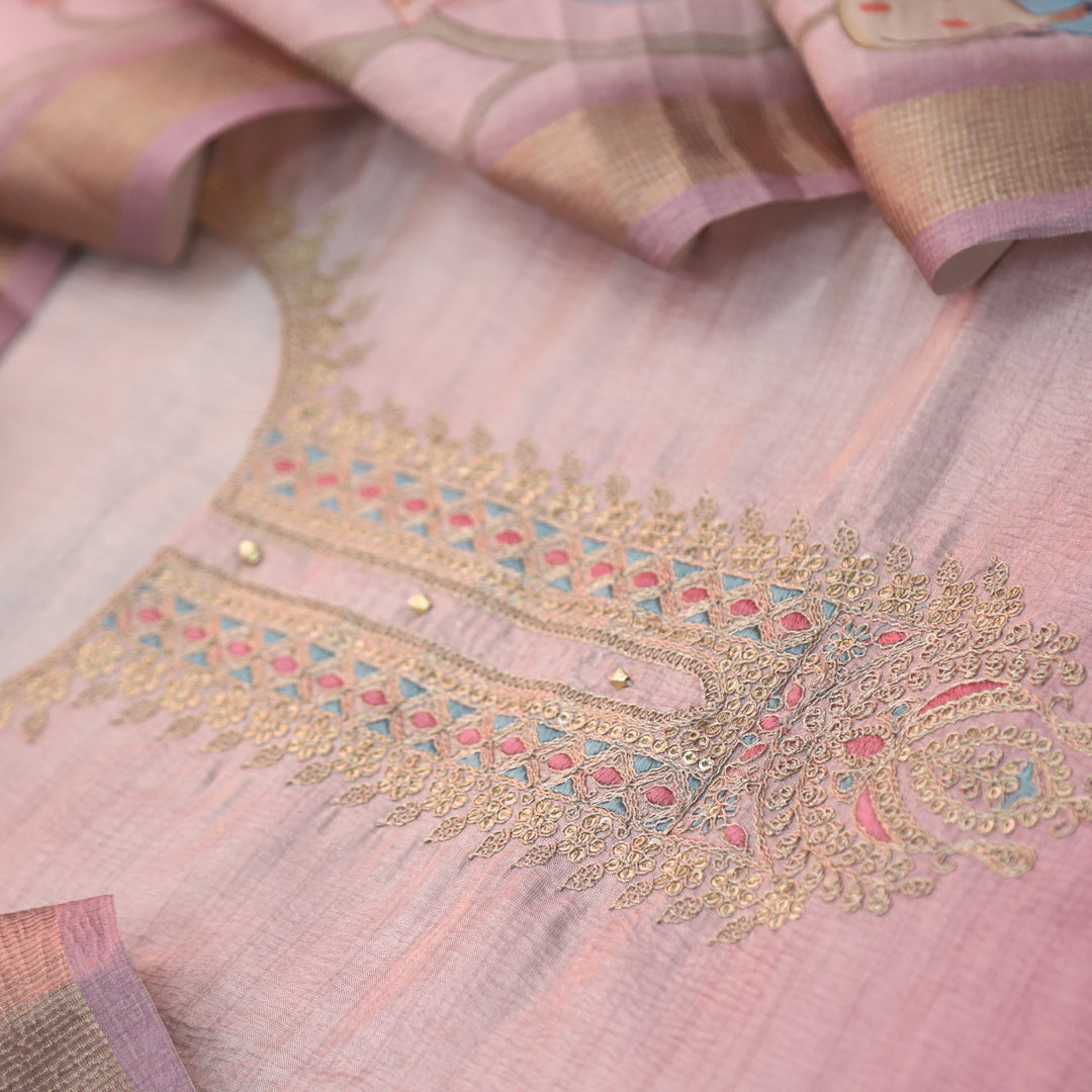 Alvida Rose Beige Embellish Neckline in Premium Shimmer Tissue Silk Suit Set