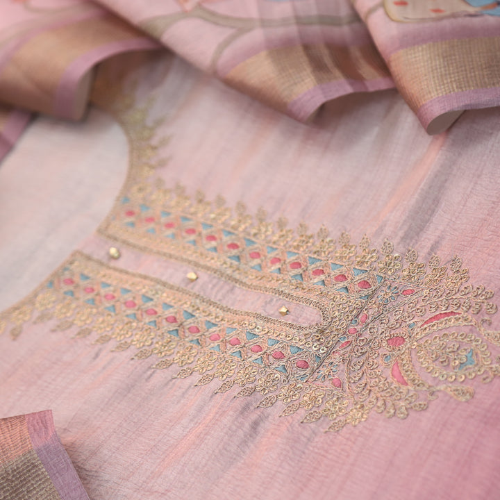 Alvida Rose Beige Embellish Neckline in Premium Shimmer Tissue Silk Suit Set