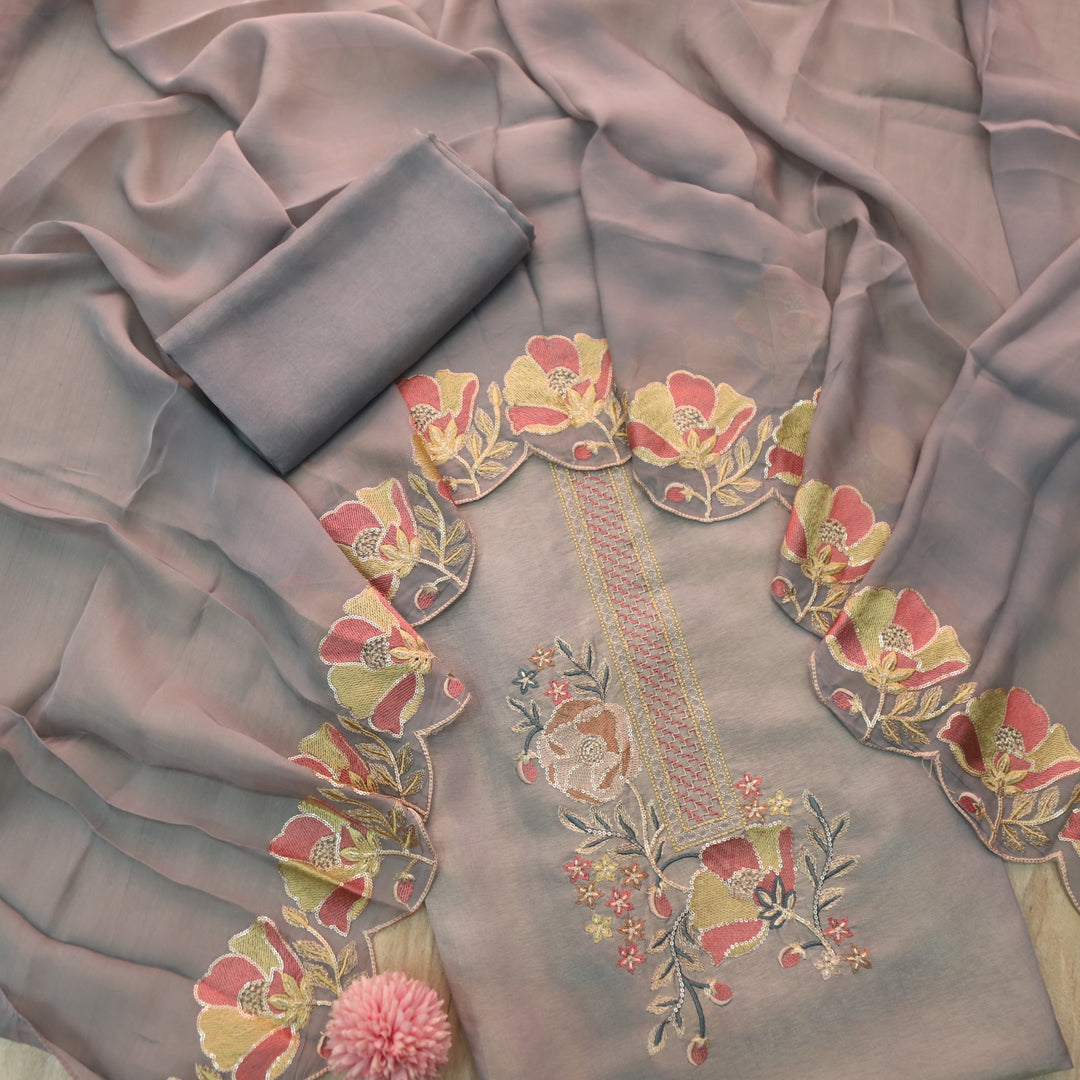 Alvida Fossil Grey Embroidered Neckline in Shimmer Tissue Silk Suit Set