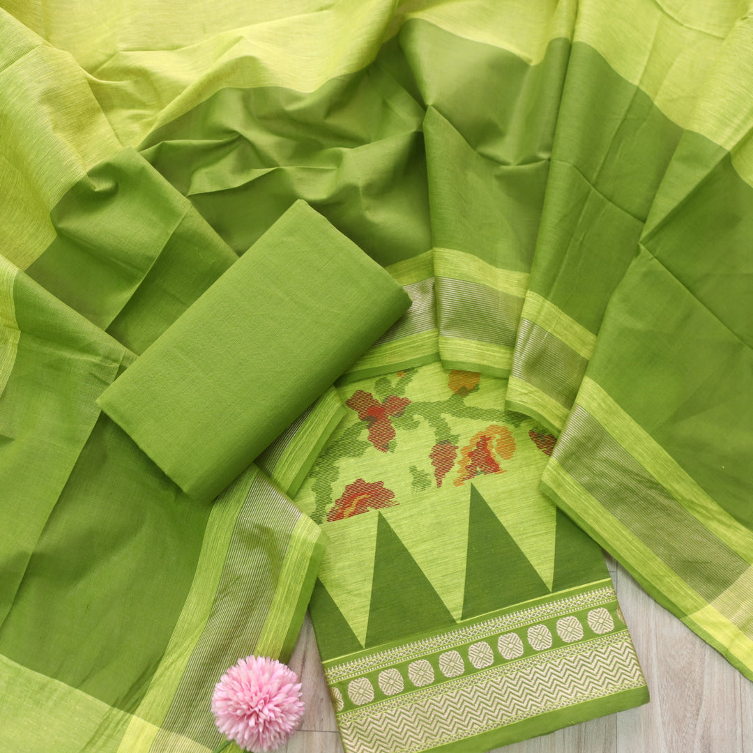 Hayaat Parrot Green Print with Mangalgiri Hem South Cotton Suit Set